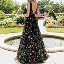 V Neck Mesh Floral Embroidery Maxi Dress Women Autumn Backless Beach Dress Elegant Vintage Ladies Wrap Long Dress, iBuyXi.com, women clothing, women dress, long dress, lace dress, free shipping