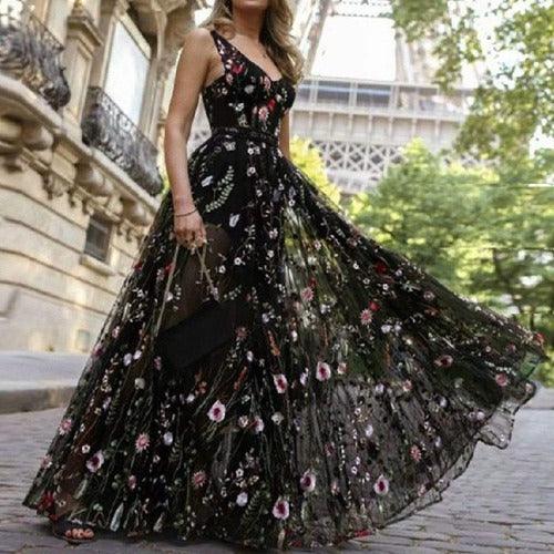 Floral Mesh Embroidery Maxi Dress