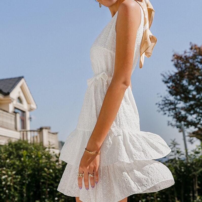 Casual solid white embroidery sash With bud V-neck sleeveless mini dress ruffle And Ideal For summer  Holidays. Pay with Affirm to get 4 interest-free payments for eligible products. Visit iBuyXi.com and shop from a unique selection of products.
