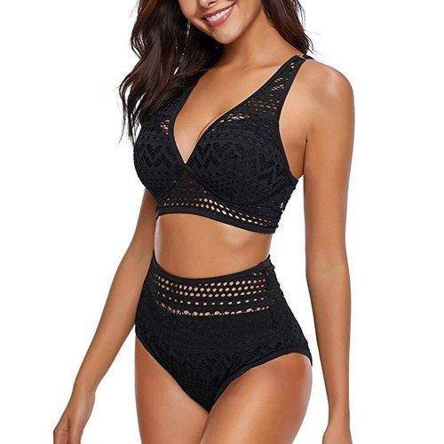 Deep V-neck Solid color Mesh lace Two Pieces Bikini With Lace High Waist Perfect For Summer Occasions. - ibuyxi.com