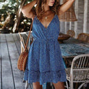 Cocktail Mini Dress suitable for beach parties or any casual occasions, V-Neck Spaghetti Strap Boho Dot Printed Sun Dress, iBuyXi.com, bohemian style dress, sexy beach dress, sundress sale, women clothing, online shopping store, free shipping