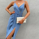 V-neck Spaghetti Strap Dress With Elegant Asymmetrical Summer Wearable, Comes with Blue Bodycon. - ibuyxi.com