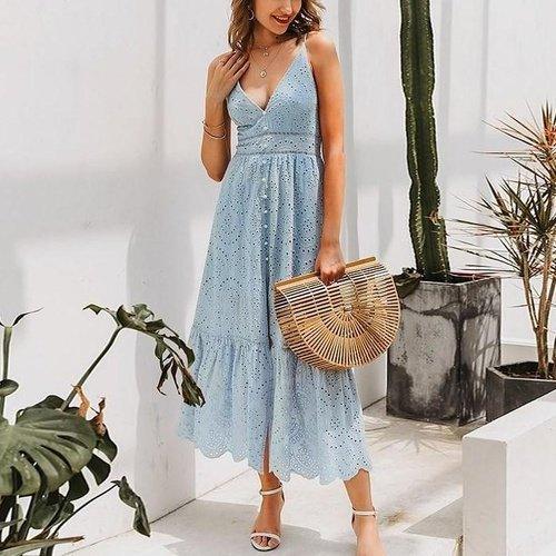 Elegant V-Neck Spaghetti Straps A-Line Patchwork Maxi Dress