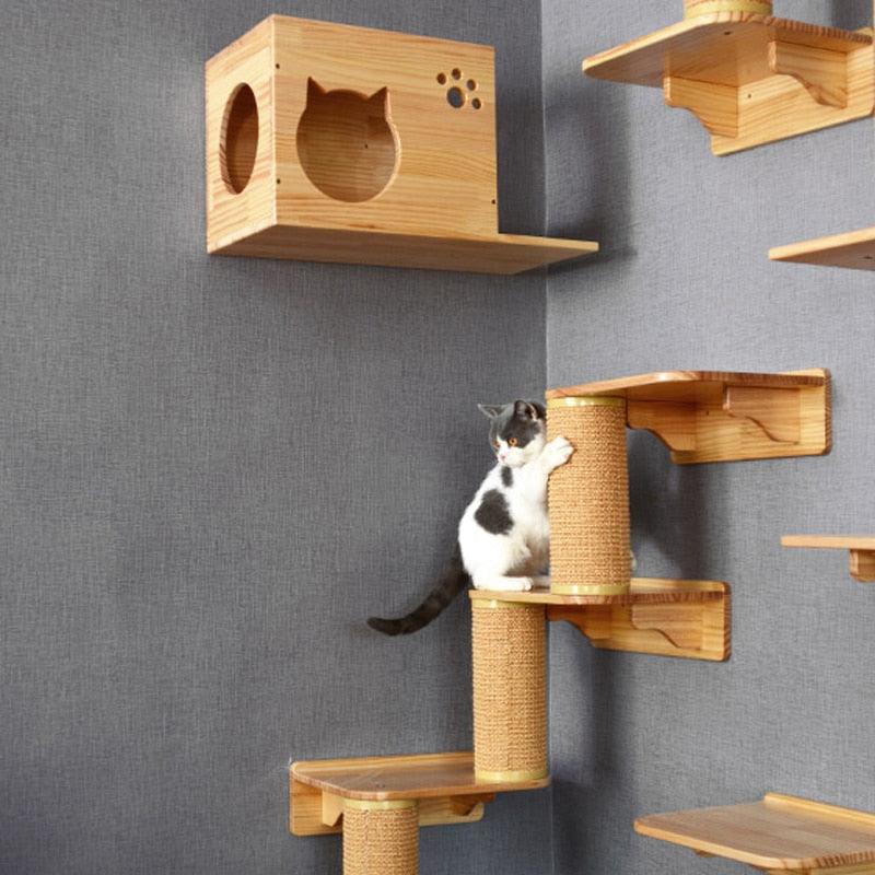 Wall-mounted Cat climbing, Frame Cat Tree, Solid Wood Hexagon Space Capsule, Cat Wall Springboard, Kitten House Ladder Pet Furniture, iBuyXi.com