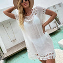 White Hollow Out Crochet Swimsuit Suitable For Beach Wear And Lace Designs Looks Stunning With Short Cover-Up. - ibuyxi.com
