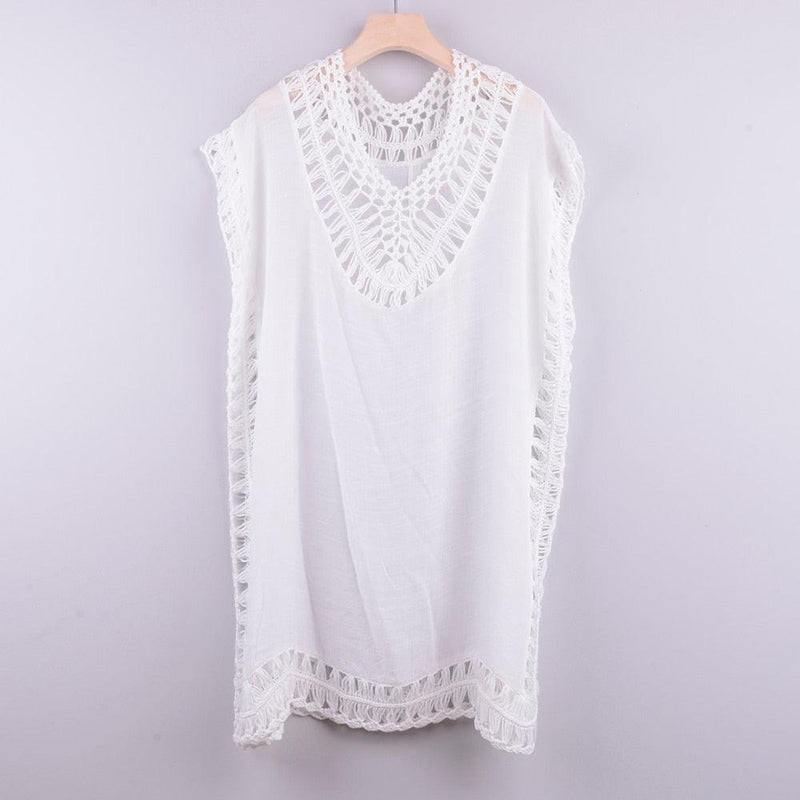 White Hollow Out Crochet Swimsuit Suitable For Beach Wear And Lace Designs Looks Stunning With Short Cover-Up. - ibuyxi.com