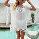 White Hollow Out Crochet Swimsuit Suitable For Beach Wear And Lace Designs Looks Stunning With Short Cover-Up. - ibuyxi.com