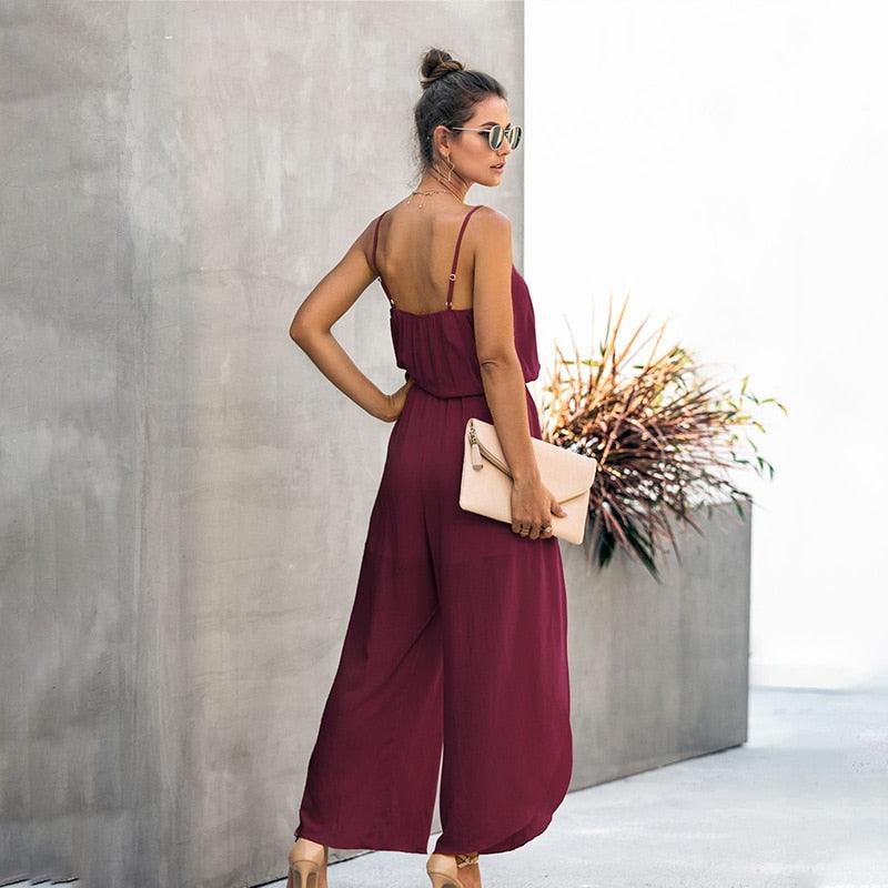 Wide Leg V-Neck High-Waist Lace Up Jumpsuit