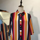 Oversized Maxi, Turn Down Collar, Half Sleeve, Colorful Multicolor Striped Dress, Shirt Dress Women Summer, Half Sleeve Colorful Multicolor Striped Dress Loose Oversized, Maxi Long Beach Dresses, Three Quarter Sleeve Casual Tunic Dress, Knee Length Plus Size Short Midi Dresses,iBuyXi.com