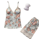 2pcs Lace Sleepwear Dress Lingerie Night Satin Night Gown, Wrap Midi Dress, Deep V-neck Backless Boho Floral Print Romper Oblong neck, Solid color, High waist, Back button closure, Long Pants Jumpsuits Romper with Belt, long pants, iBuyXi.com