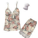 2pcs Lace Sleepwear Dress Lingerie Night Satin Night Gown, Wrap Midi Dress, Deep V-neck Backless Boho Floral Print Romper Oblong neck, Solid color, High waist, Back button closure, Long Pants Jumpsuits Romper with Belt, long pants, iBuyXi.com