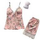 2pcs Lace Sleepwear Dress Lingerie Night Satin Night Gown, Wrap Midi Dress, Deep V-neck Backless Boho Floral Print Romper Oblong neck, Solid color, High waist, Back button closure, Long Pants Jumpsuits Romper with Belt, long pants, iBuyXi.com