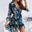 Ruffle Chiffon Floral Printed V-Neck A-Line Mini Dress, iBuyXi.com, Unique Sundresses, Cute Rompers, Unique Chiffon Dresses